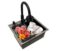 MINRS Fregadero de cocina negro, 40 x 45 cm, de acero inoxidable, incluye grifo extensible, lavavajillas de tazas, escurridor y dispensador de jabón