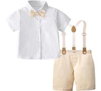 mintgreen Conjunto de Ropa Coordinada para Bebé Niño Caballero Camisa de Manga Corta con Pajarita y Tirantes, Pantalón de Boda, Talla: 1-4 Años, Caqui claro., 18-24 Meses