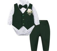 mintgreen Conjunto Formal para Bebé Niño, 3 Piezas Body de Esmoquin de Boda para Caballero Recién Nacido + Chaleco con Flor de Pecho + Pantalones, verde oscuro, 6-9 meses