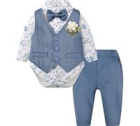 mintgreen Conjunto Formal para Bebé Niño, 3 Piezas Body de Esmoquin de Boda para Caballero Recién Nacido + Chaleco con Flor de Pecho + Pantalones, azul oscuro, 12-18 meses