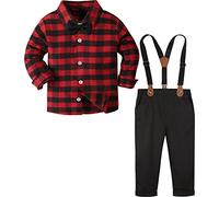 mintgreen Niño Trajes Set 4pcs Infantil Navidad Boda Traje Caballero Camisa Cuadros + Pajarita + Pantalones + Tirantes, Plaid Rojo, 4-5 Años, 120