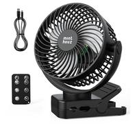 Minthouz Ventilador Portátil USB Recargable 12000mAh con Pinza, Mando a Distancia, 45H Autonomía, Silencioso, 3 Velocidades, Luz LED, Rotación 360°, Temporizador, para Escritorio, Camping y Cochecito