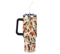Mintoprints Fall Birds Tree Branches - Vaso de 40 onzas con asa y tapa con pajilla, taza de viaje de acero inoxidable con aislamiento de hoja de arce