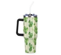 Mintoprints Happy St Patrick's Day - Vaso de 40 onzas con asa y tapa con pajilla, diseño de tréboles verdes primaverales, taza de viaje de acero inoxidable aislado