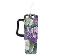Mintoprints Hortensia Bee Flower - Vaso de 1,134.0 g con asa y tapa con pajilla, taza de viaje aislada de acero inoxidable