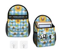 Mintoprints Paquete de 2 bolsas de almacenamiento para colgar en la pared, diseño de girasol de abeja azul, bolsa organizadora colgante con bolsillo, cesta de almacenamiento de tela para cocina y baño