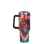 Mintoprints Vaso colorido de teñido anudado de 40 onzas con asa y tapa con pajilla, taza de viaje de acero inoxidable con aislamiento colorido arcoíris