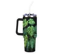Mintoprints Vaso de 40 onzas con asa y tapa con pajilla, hoja de Monstera verde, taza de viaje de acero inoxidable con aislamiento de hojas de palmera tropicales