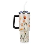 Mintoprints Vaso floral de 40 onzas con asa y tapa con pajilla, diseño de plantas botánicas de flores silvestres, taza de viaje de acero inoxidable