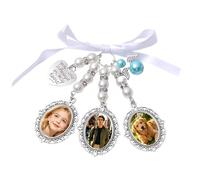 MINXLTD Abalorios Personalizados For Fotos Ramo Boda, Colgante Floral Nupcial Personalizado Con Perla Y Lazo, Óvalo De Encaje Plateado, Decoración Conmemorativa De You Are Always In My Heart(3photo)