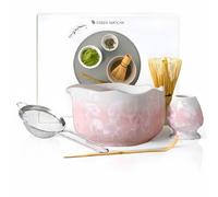 MinXpert Juego de escoba matcha de cristal esmaltado, 5 piezas, juego de té matcha japonés, cuenco con vertedor, escoba de bambú, colador y accesorios, diseño de flores de cristal, degradado (rosa)