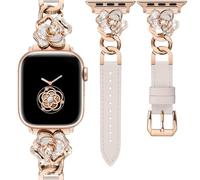 Minyee Compatible con Apple Watch Band de 42/44/45/46/49 mm, elegante correa de cadena de metal de cuero con dijes de camelia para iWatch Ultra 2 Series 10/9/8/7/6/5/4/3/2/1/SE, luz de estrella/oro