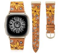 Minyee Correa de cuero compatible con Fitbit Versa 4/Versa 3/Fitbit Sense 2/Sense Band para mujer, diseño floral de girasol en relieve occidental bonita correa de cuero delgada para Versa 4,