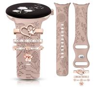 Minyee Correas grabadas florales compatibles con Google Pixel Watch 3 de 41 mm/2/1 para mujer, bonitas correas deportivas de silicona suave con lazo decorativo para Pixel Watch 2 (con correa