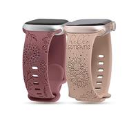 Minyee Paquete de 2 correas grabadas florales compatibles con correas de Apple Watch de 41mm, 40mm, 38mm, 44mm, 45mm, 42mm, 49mm, para mujer, bonitas correas de silicona con diseño de girasol para
