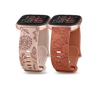 Minyee Paquete de 2 correas grabadas florales compatibles con Fitbit Versa 2/Fitbit Versa/Versa Lite para mujer, bonita correa de silicona suave con diseño de girasol y diente de león para reloj
