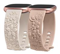 Minyee Paquete de 2 correas grabadas florales compatibles con Fitbit Versa 4/Versa 3/Sense 2/Sense Band para mujer, bonito diseño de flores silvestres en relieve, suave, deportiva, elegante, verano,