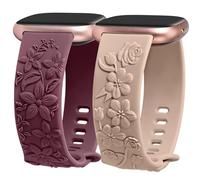 Minyee Paquete de 2 correas grabadas florales compatibles con Fitbit Versa 4/Versa 3/Sense 2/Sense Band para mujer, bonita correa de repuesto de silicona en relieve con flores silvestres rosa suave