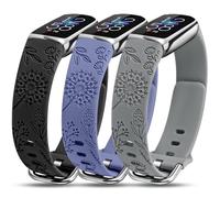 Minyee Paquete de 3 correas grabadas florales compatibles con Fitbit Luxe Band para mujer, bonita correa deportiva de silicona suave, diseño de diente de león, pulsera de repuesto de verano para