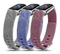 Minyee Paquete de 3 correas grabadas florales compatibles con Fitbit Luxe para mujer, bonita correa deportiva de silicona suave y delgada, diseño de diente de león, pulsera de repuesto para reloj de