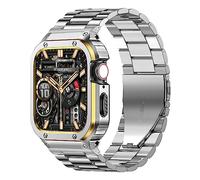 MioHHR Correa de acero inoxidable sólido y compatible con Apple Watch de 45 mm, correa de metal resistente y cubierta protectora para iWatch Series 7 (plateado/dorado, 45 mm)