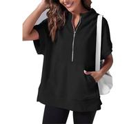 MIOKUKO 2024 Oversized Casual Half Zip Short Sleeve Pullover Tops, with Pockets, Fashion Summer Sweatshirts with Pockets (Black,XL)