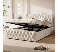 MIOOSUT Cama Baúl 160 x 200 cm, Cama Doble con Almacenamiento, Diseño de Remaches, Cama Acolchado Hidráulico, Tejido Terciopelo, para Adultos y Adolescentes, Sin Colchones (Beige-B, 160 x 200)