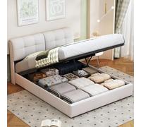 MIOOSUT Cama con Cajón 140x200 con Sommier, Cama Tapizada en Terciopelo con Iluminación LED, con Almacenamiento Hidráulico, Doble para Adultos, sin Colchón (Beige, 140 * 200)