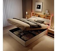 MIOOSUT Cama de 140 x 200 cm con somier y almacenamiento, camas hidráulicas con enchufe, cabecero tapizado con estante abierto, camas para 2 personas con LED y puertos USB, sin Matela (blanco PU, 140