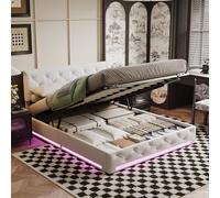 MIOOSUT - Cama de 160 x 200 cm con somier, tapizada con almacenamiento hidráulico doble acolchado, cabecera para adultos, baúl para 2 personas (blanco roto)