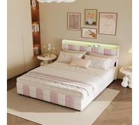 MIOOSUT Cama doble Capitonada 160 x 200 con almacenamiento, cama acolchada de 160 x 200 AVCE LED y USB, 4 cajones y gran almacenamiento para 2 personas para adolescentes (blanco + rosa, 160 x 200)