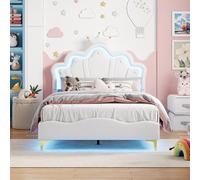 MIOOSUT Cama Princesa 140 x 190 con LED, Cama Infantil Acolchada con cabecera Ajustable, PU, sin colchón, Blanco