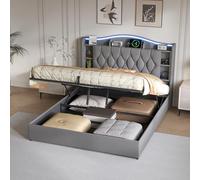 MIOOSUT Cama Tapizada 160 X 200 cm, Cama Matrimonio 160x200 con Almacenamiento, Cama Doble Juveniles con LED, Puertos USB, Sistema CE Almacenamiento Hidráulico, Terciopelo, sin Colchón, Gris
