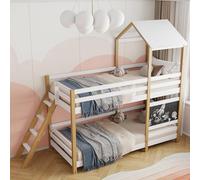 MIOOSUT Litera para Niños de 90 X 200, con Protección contra Caídas, Camas Literas Infantiles, Cama Infantil en Forma de Casa, con Escalera y Pizarra, Estructura de Madera Maciza, sin Colchón