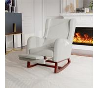 MIOOSUT Silla mecedora con reposapiés, sillón oscilante con taburete, cómodo sillón de lactancia para amamantar, con base de madera, 2 bolsillos laterales, 1 cojín lumbar, para salón dormitorio, gris