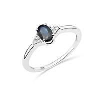 Miore anillo de compromiso con pavé de diamantes y zafiro en oro blanco de 9 quilates 375 con 6 diamantes naturales talla brillante 0,03 quilates y zafiro azul oval natural 0,54 quilates.