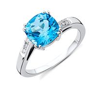 Miore Anillo de compromiso para mujer de oro blanco de 9 quilates (375) con diamantes de 0,06 ct, Oro blanco, Topacio azul