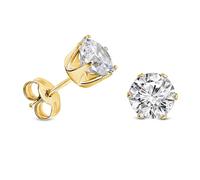Miore Pendientes Mujer Oro Amarillo 9 ct 375, Pendientes de 6 garras con presión 6,5mm con Gema circonita blanca, Joyería con Piedras de Nacimiento hecha a mano, Se entrega con Estuche para joyas