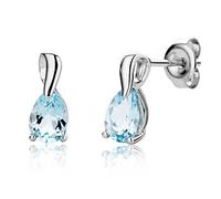 Miore Pendientes Mujer Oro Blanco de 9 ct 375, Con Gema Topacio Azul 0,98 ct talla Pera-Perilla, Gema de Nacimiento, Hipoalergénicos, Pendientes con cierre a presión, Se entrega en Estuche para joyas