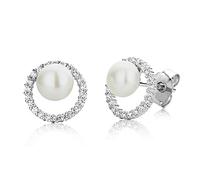 Miore Pendientes para mujer con perlas cultivadas de agua dulce y circonitas brillantes en plata de ley 925 rodiada. Clásicos Pendientes de Lóbulo Hipoalergénicos, Cierre Pasador y Mariposa.