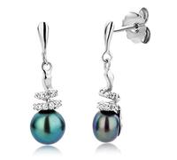 MIORE Pendientes para mujer | plata de ley 925 | con 2 perlas negras cultivadas de agua dulce de 6 mm y 22 circonitas | Pendientes de plata hipoalergénica | Joyas para mujer de joyeros