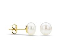Miore pendientes presión con perlas blancas de agua dulce 7 mm d en oro amarillo de 14 quilates 585