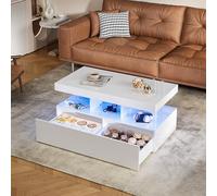 MIOSUT - Mesa baja moderna LED blanca, mesa de salón baja con 2 cajones, rectangular, alta luminosidad moderna, mando a distancia, control de aplicación (blanco, 104 x 53 x 46)