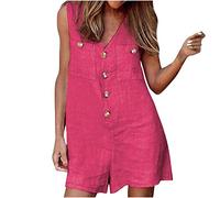 Mioygocq Mono corto para mujer, de verano, de algodón, lino, sin mangas, cuello en V, botones, corto, para playa, pantalones cortos de una pieza, hot pink, L