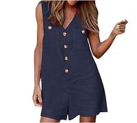 Mioygocq Mono corto para mujer, de verano, de algodón, lino, sin mangas, cuello en V, botones, corto, para playa, pantalones cortos de una pieza, azul marino, XXL