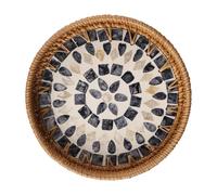 MiOYOOW Bandeja redonda de ratán de 22 cm con incrustaciones de nácar. Ideal para joyería, aperitivos, fruta, bisutería y decoración del hogar