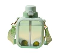 MiOYOOW Botella de agua plana, bonita botella cuadrada con popote y correa, a prueba de fugas, suministros al aire libre para mujeres y niñas, deportes de verano, 24 onzas (700 ml)