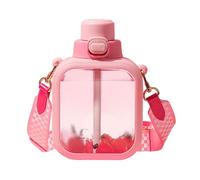 MiOYOOW Botella de agua plana, bonita botella cuadrada con popote y correa, a prueba de fugas, suministros al aire libre para mujeres y niñas, deportes de verano, 24 onzas (700 ml)
