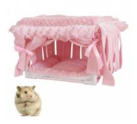 MiOYOOW Escondite de cobayas, cama para dormir para animales pequeños, casa escondite para hámster con cortina de flecos para conejillos enanos, conejillos de indias, deslizadores de azúcar, hámsteres