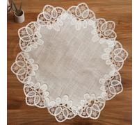 MiOYOOW Mantel redondo blanco, mantel pequeño rústico decorativo con ribete de encaje para banquetes, fiestas, cumpleaños, bodas, festividades